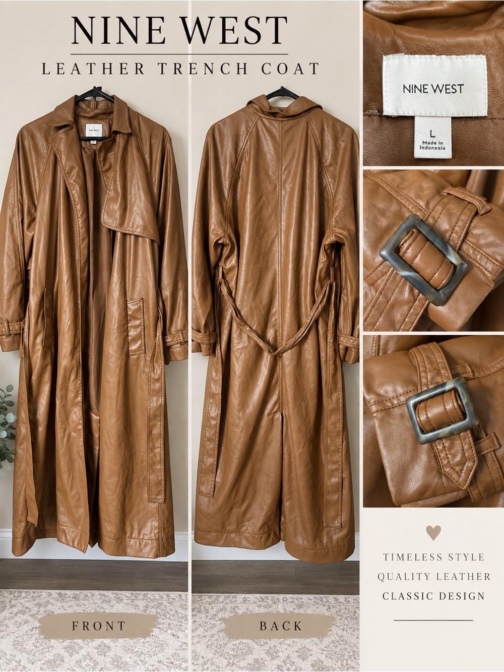 Nine West Women’s Tan Faux-Leather Trench Coat